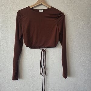 Cotton On Brown Long Sleeve Crop Blouse with Tie Front